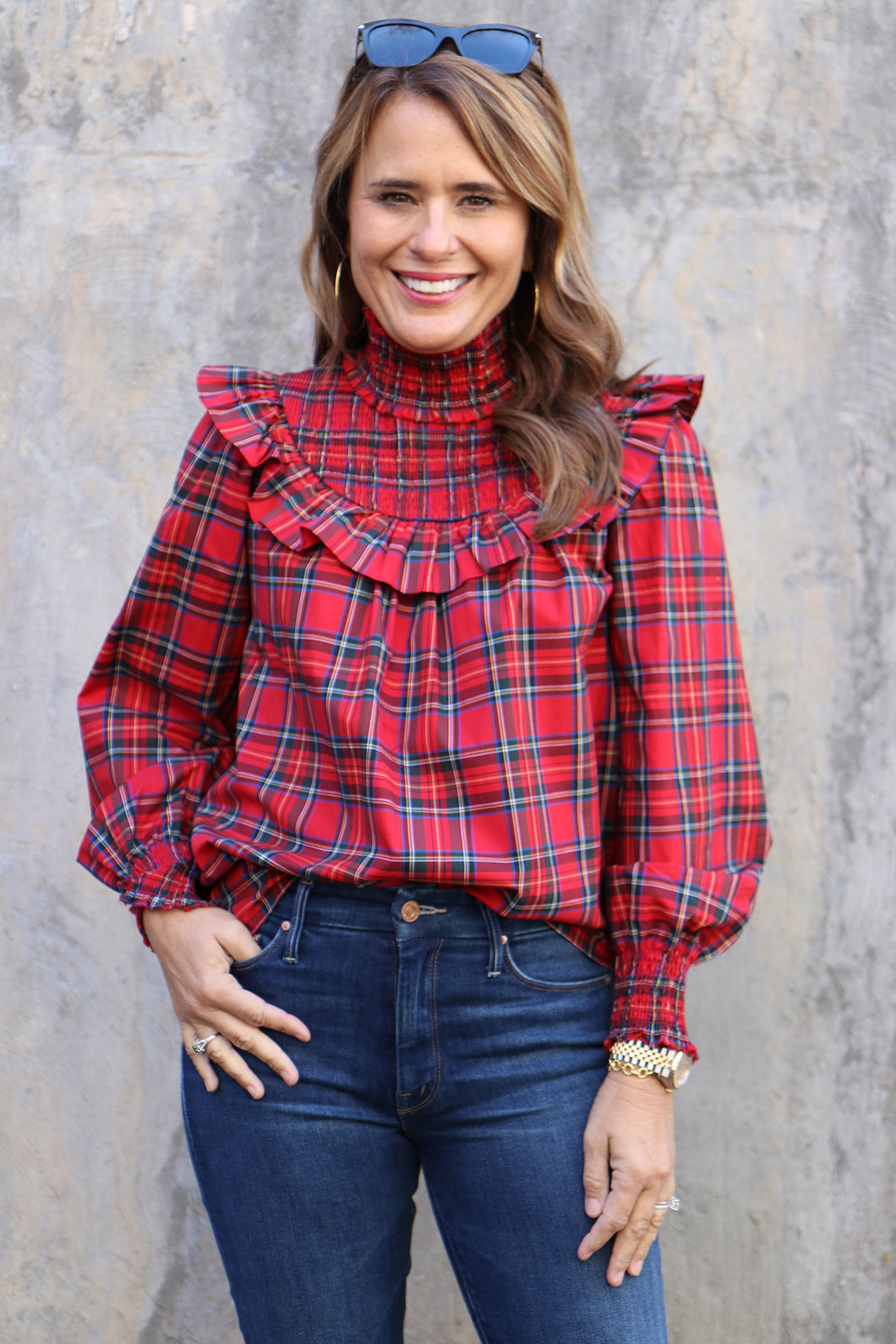 Ruffle Neck Top in Red Plaid