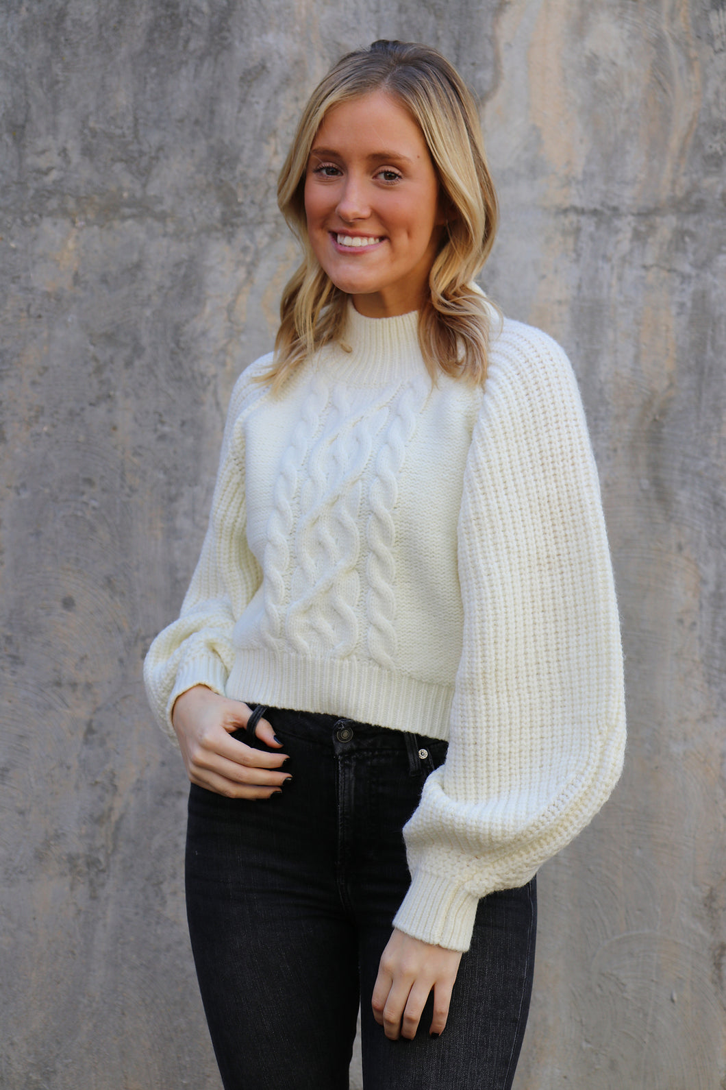 Ivory Cable Mock Neck Sweater