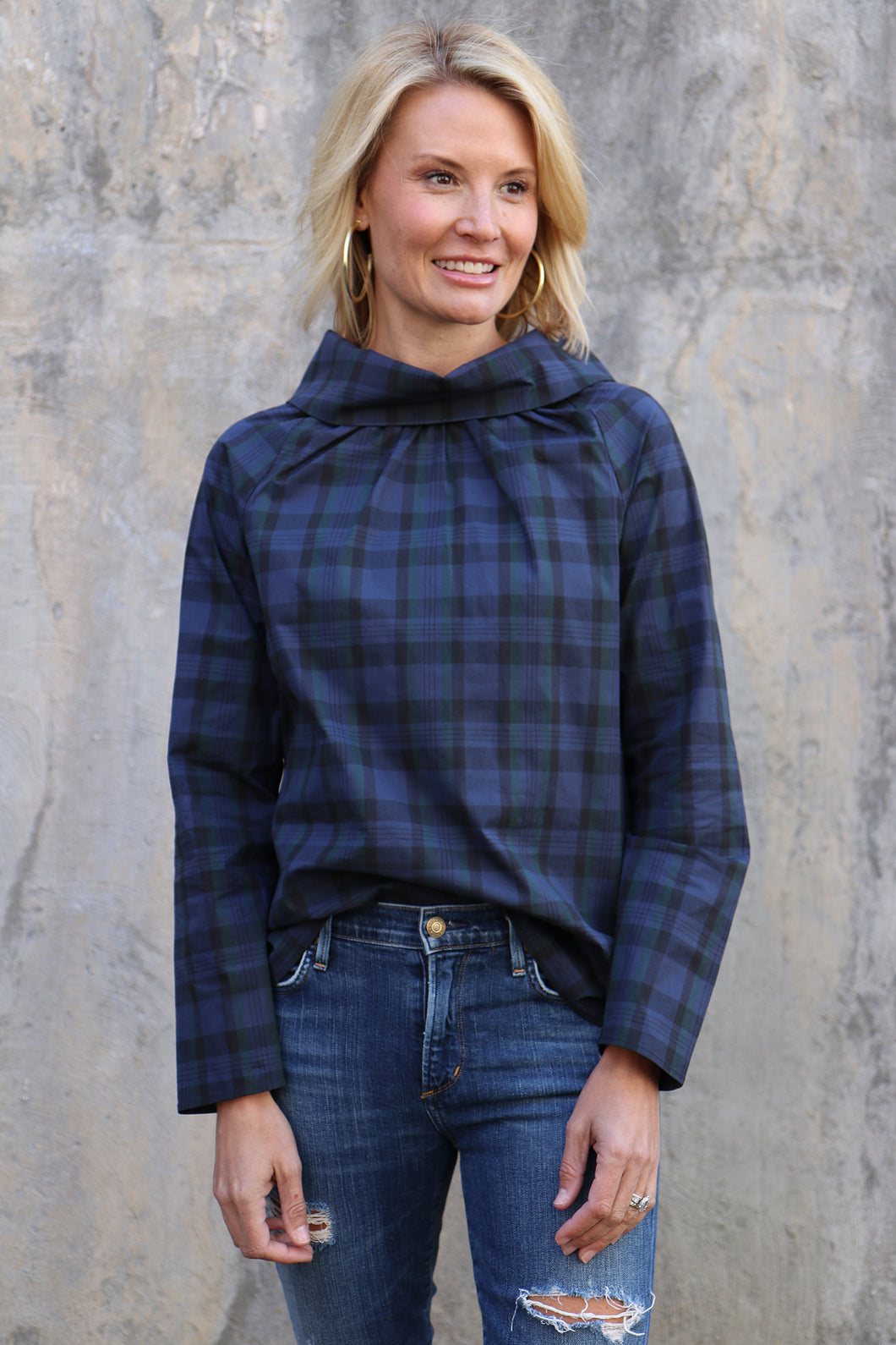 LS Cowl Neck Top in Black Watch Plaid