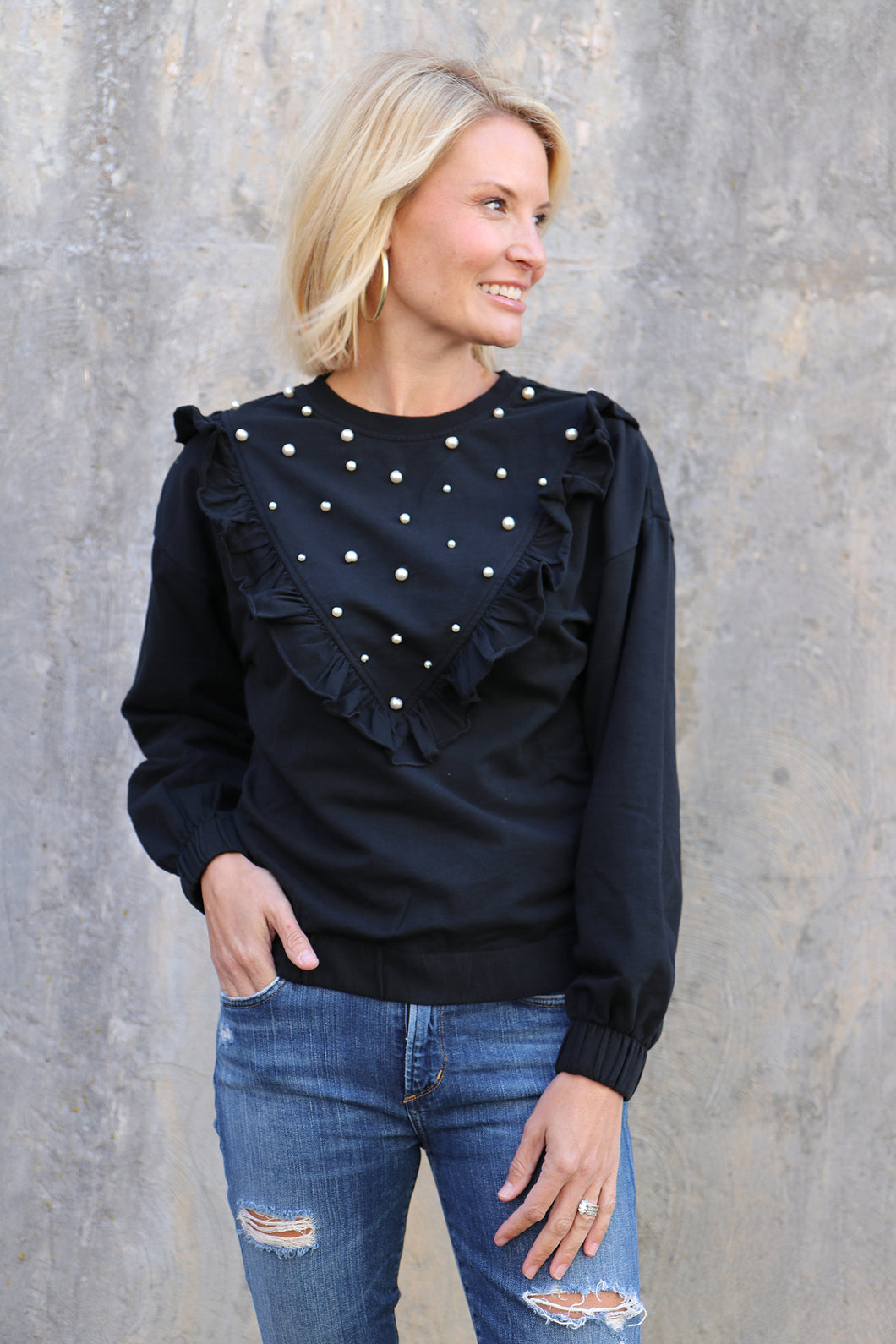 Black Capri Top w/Pearls