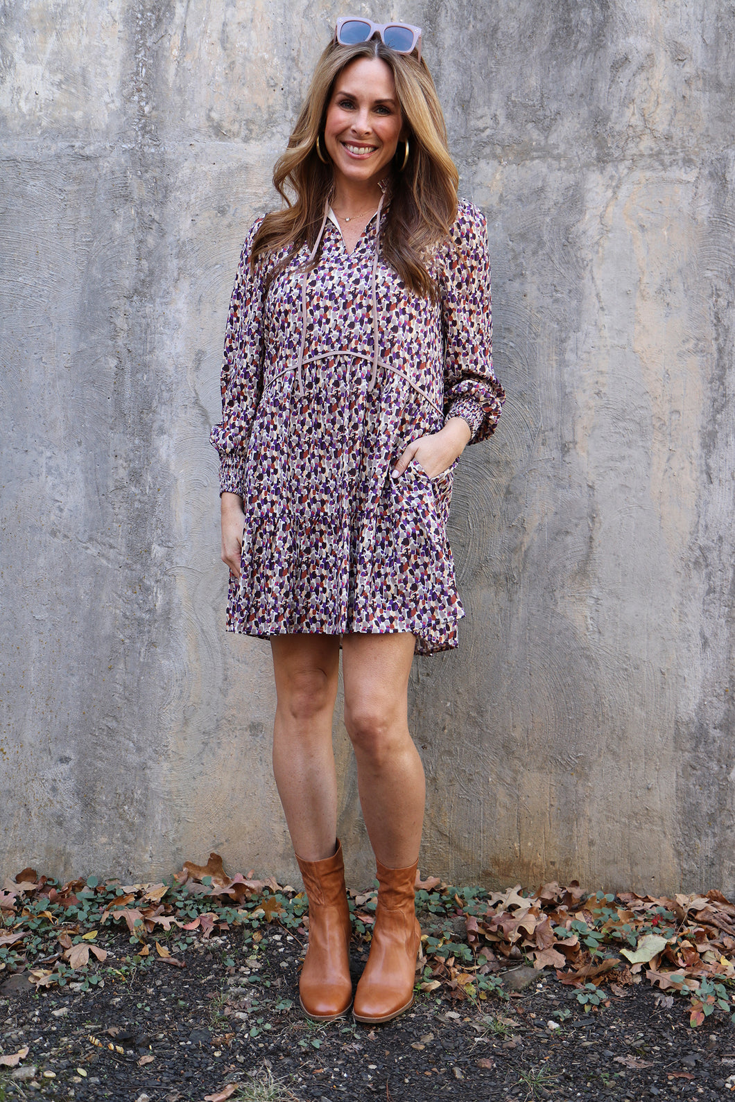 Brush Stroke Trim Gathered Dress