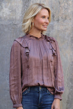 Load image into Gallery viewer, Ruffle Mocha Satin Blouse
