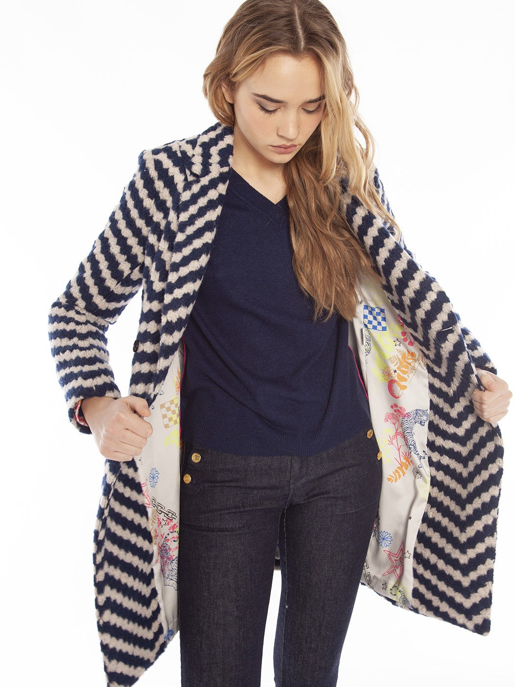 Amy Coat in Navy/White Chevron