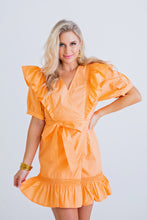 Load image into Gallery viewer, Orange Wrap Ruffle Dress
