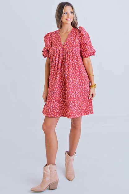 Red Leopard Puff Sleeve Button Dress