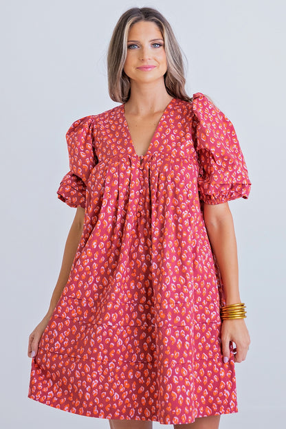 Red Leopard Puff Sleeve Button Dress