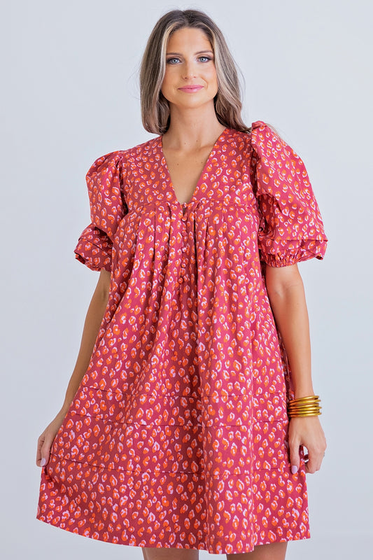 Red Leopard Puff Sleeve Button Dress