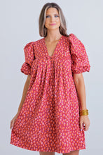 Load image into Gallery viewer, Red Leopard Puff Sleeve Button Dress
