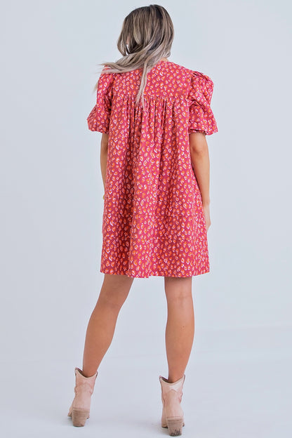 Red Leopard Puff Sleeve Button Dress