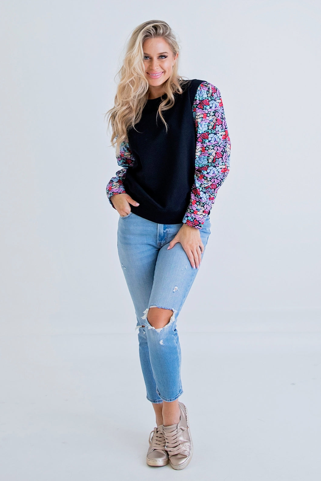 Black Floral Sleeve Sweatshirt