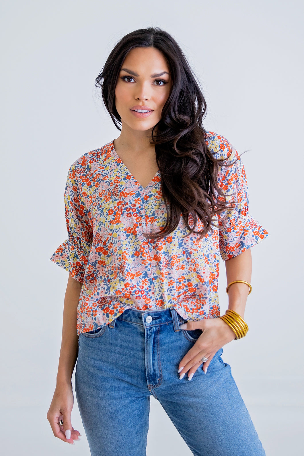 Floral V Neck Puff Sleeve Top