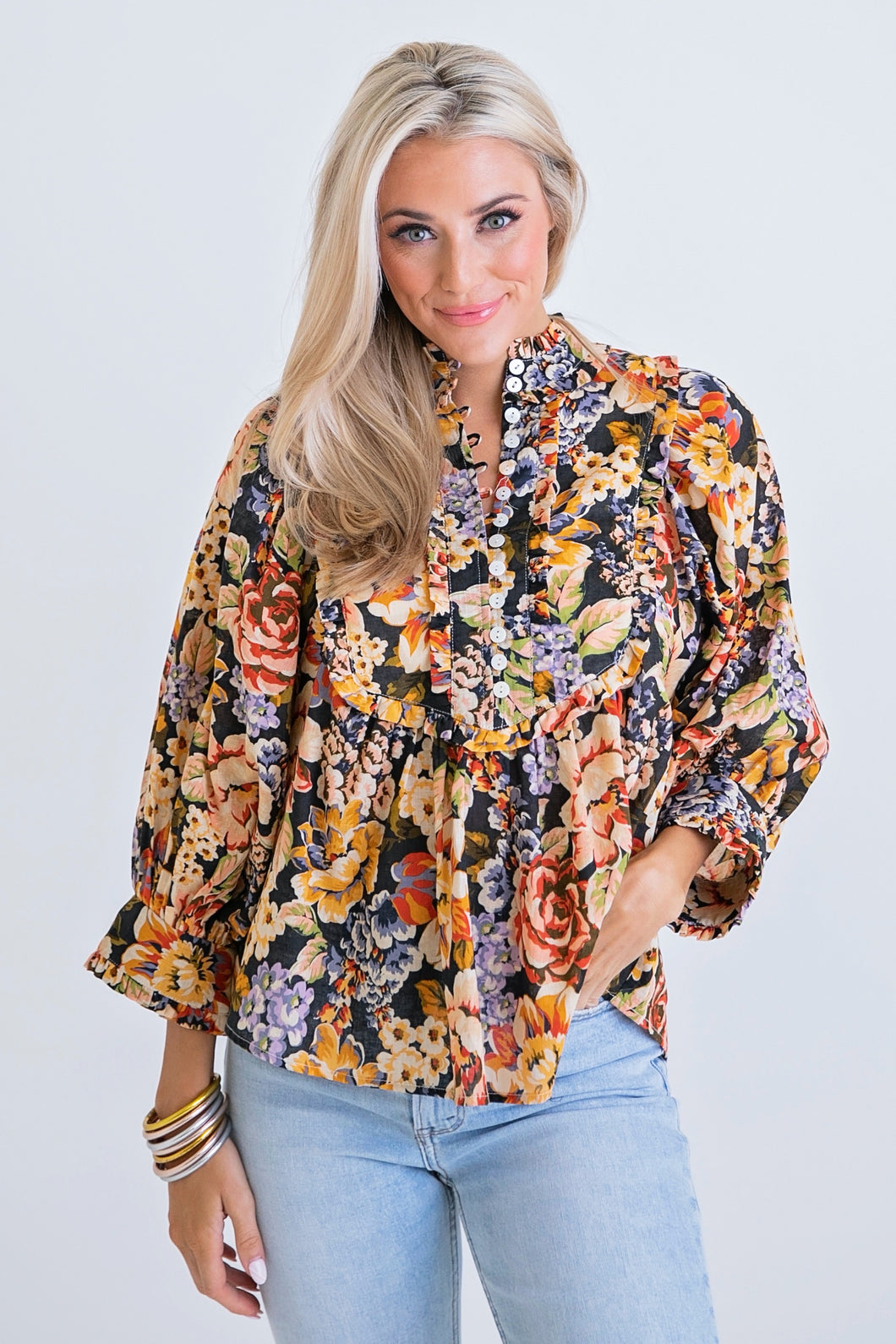 Floral Boho Button Puff Sleeve Top