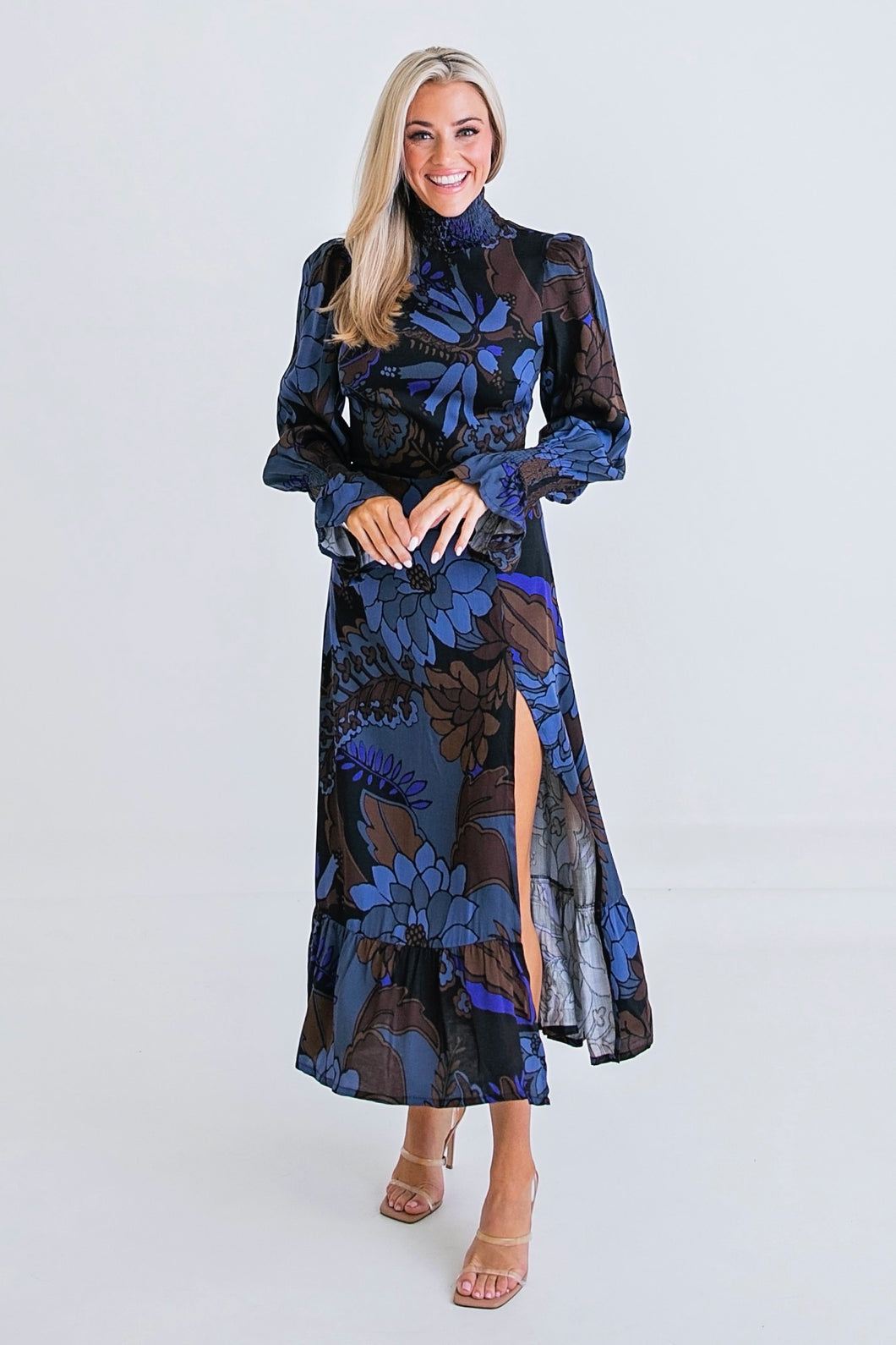 Floral Smock Neck Midi Dress