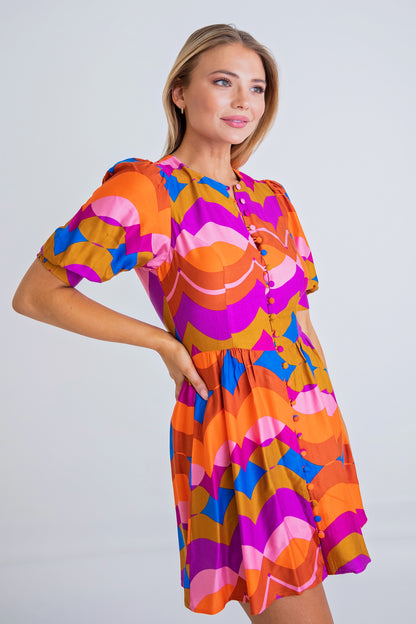 Groovy Button Puff Sleeve Dress