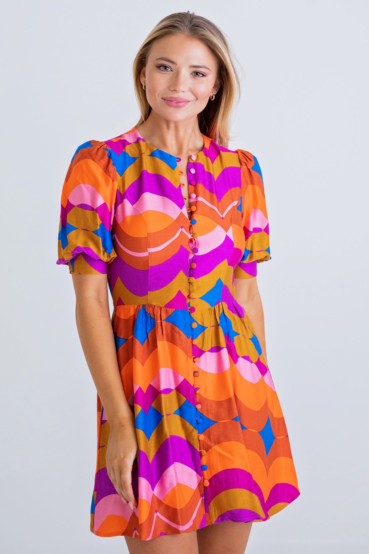 Groovy Button Puff Sleeve Dress