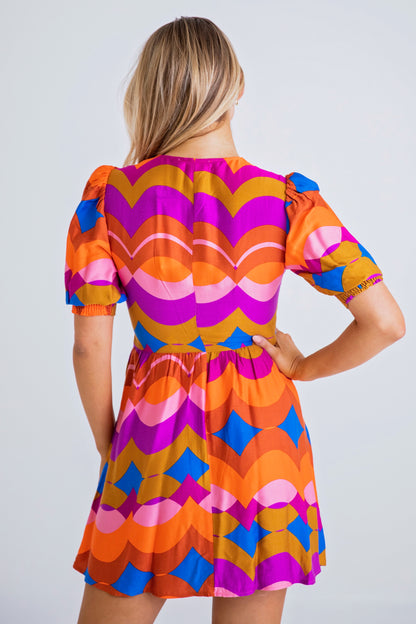 Groovy Button Puff Sleeve Dress