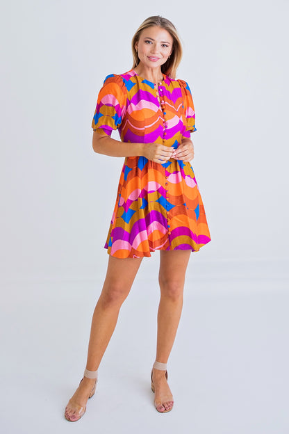 Groovy Button Puff Sleeve Dress