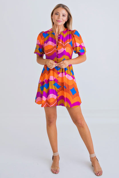Groovy Button Puff Sleeve Dress