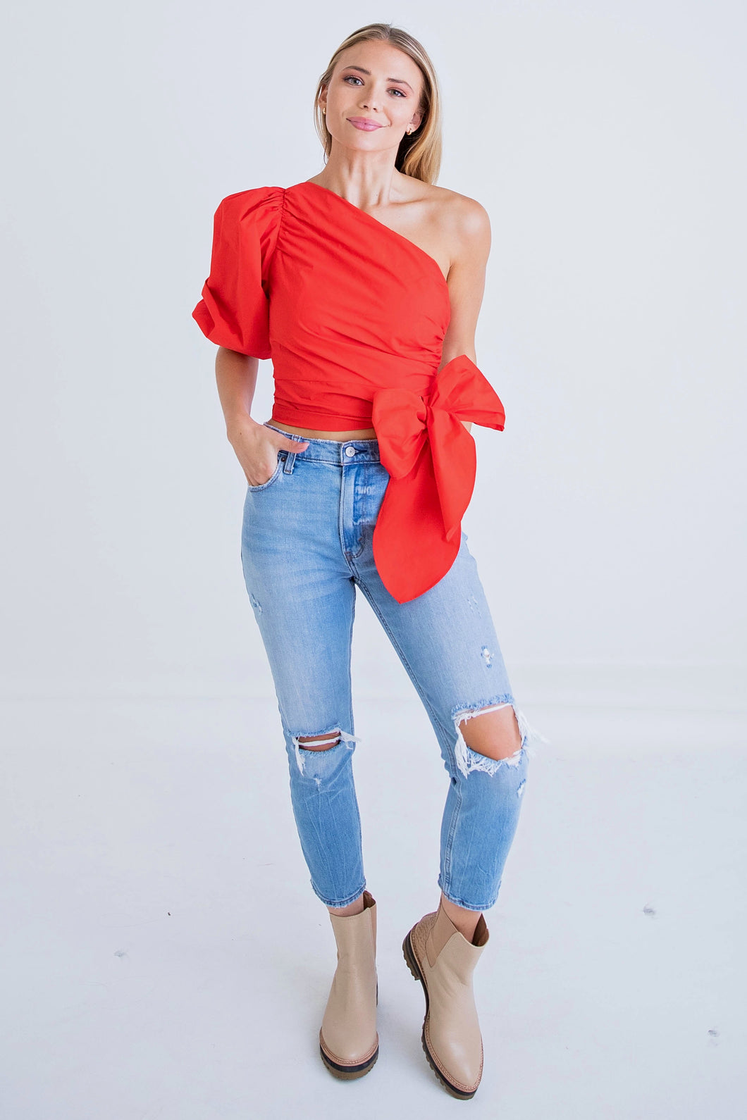 Red One Shoulder Knot Top