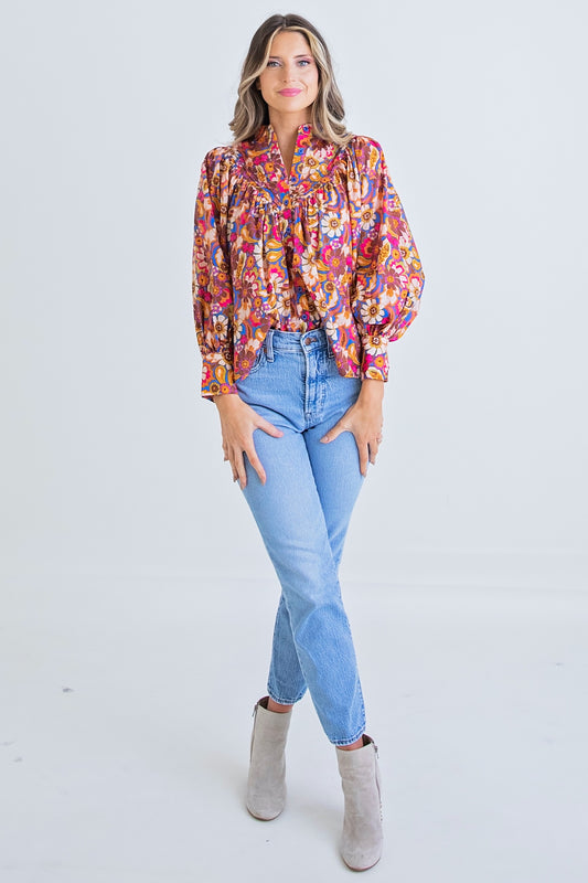 Multi Floral Pleat Top