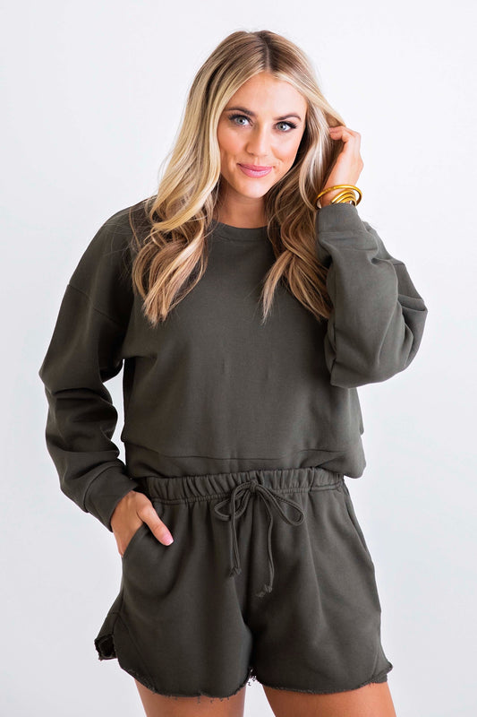 Olive Solid Knit Short Set